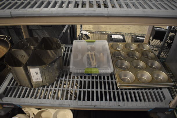 ALL ONE MONEY! Lot of Stell Muffin Trays, Steel Tongs, Strainer Pieces, Slotted Ladle, Strainer Baskets, AND MORE!  - Image 1 of 4