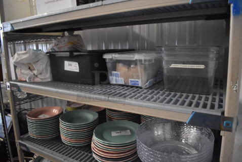 ALL ONE MONEY! Tier Lot of Various Items Including Plastic Drop In Bins, Bus Tub with Plates, and Plastic Bin with Sugar Packets