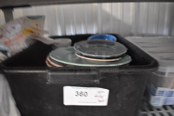 ALL ONE MONEY! Tier Lot of Various Items Including Plastic Drop In Bins, Bus Tub with Plates, and Plastic Bin with Sugar Packets - Image 2 of 3