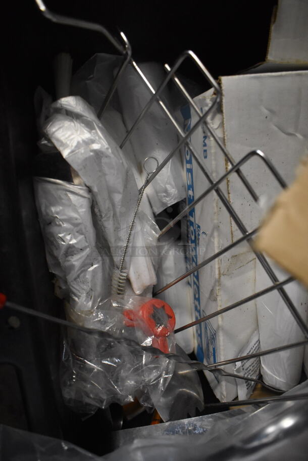 ALL ONE MONEY! Tier Lot of Various Items Including Black Bus Tub with Glass Water Jugs, Trash Can Liners, and Order Here Sign - Image 3 of 4