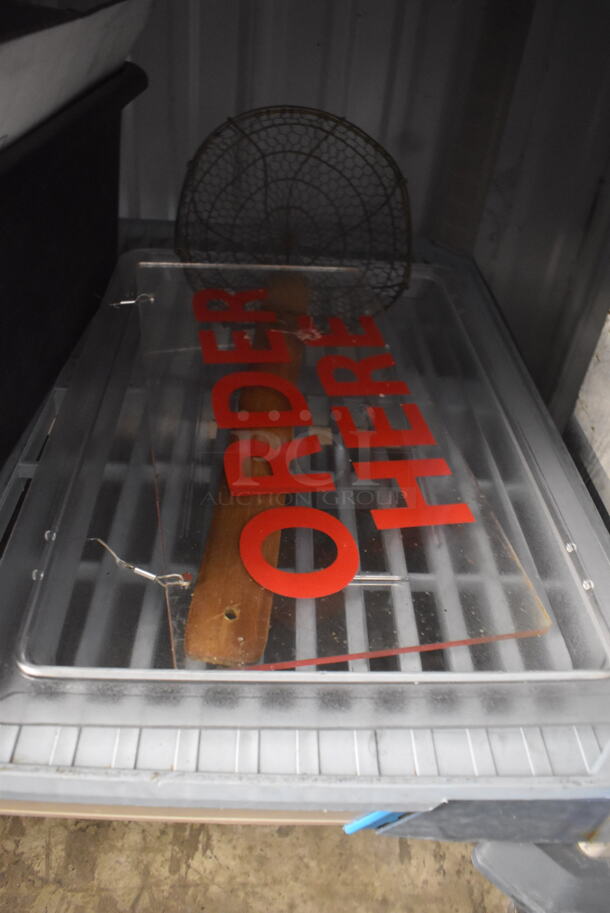 ALL ONE MONEY! Tier Lot of Various Items Including Black Bus Tub with Glass Water Jugs, Trash Can Liners, and Order Here Sign - Image 4 of 4