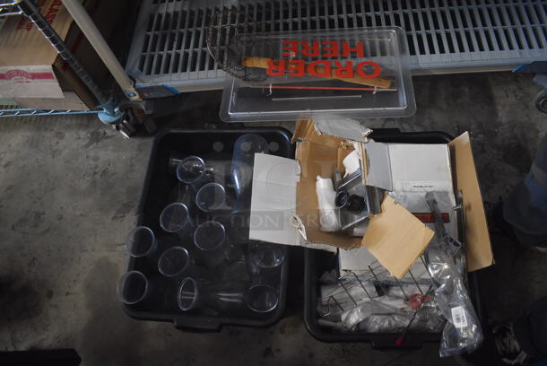 ALL ONE MONEY! Tier Lot of Various Items Including Black Bus Tub with Glass Water Jugs, Trash Can Liners, and Order Here Sign
