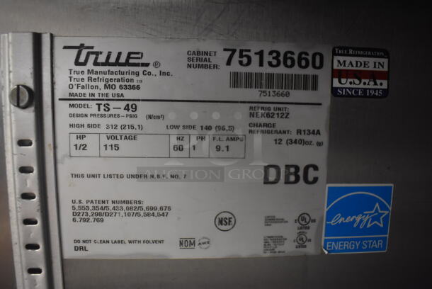2012 True TS-49 2 Door Commercial Stainless Steel Cooler With Polycoated Racks on Casters 115 Volts 1 Phase Tested and Working! - Image 5 of 5
