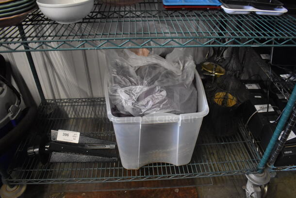 ALL ONE MONEY! Tier Lot of Various Items Including Plastic Bin with Mats and 2 Light Fixtures - Image 1 of 3