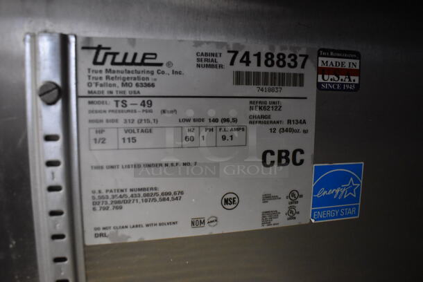2012 True TS-49 2 Door Commercial Stainless Steel Cooler With Polycoated Racks on Casters. 115 Volts, 1 Phase Tested and Working! - Image 5 of 5