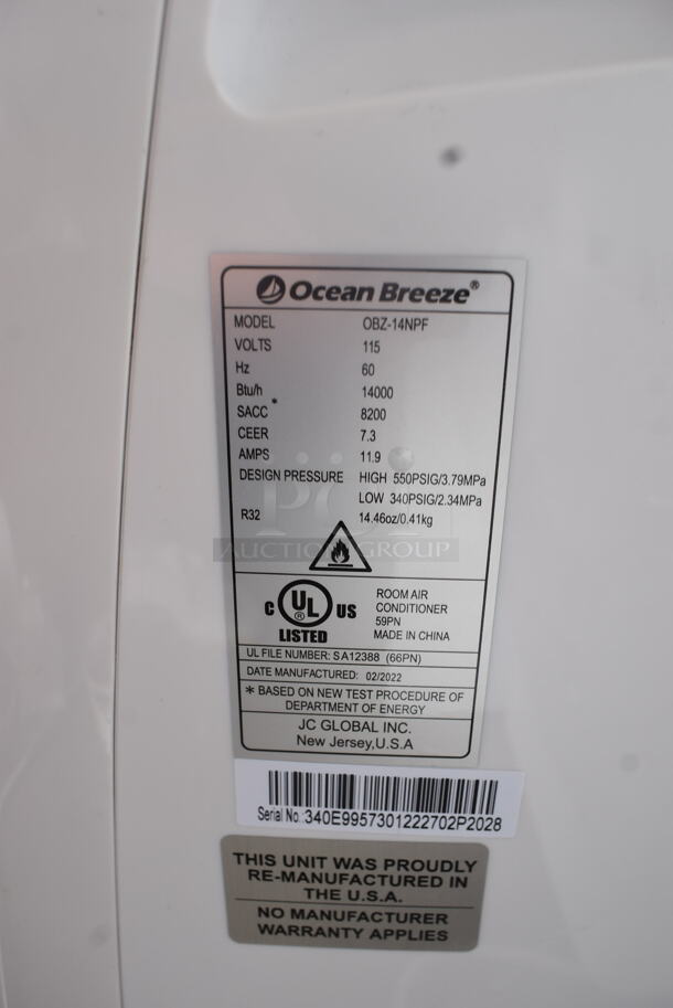 BRAND NEW SCRATCH AND DENT! Ocean Breeze OBZ-14NPF Portable Air Conditioner. 115 Volts, 1 Phase. Tested and Working! - Image 3 of 4