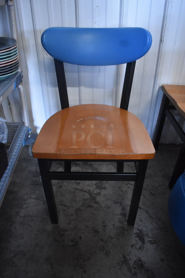 3 Blue and Brown Wooden Dining Height Chairs. Stock Picture - Cosmetic Condition May Vary. 3 Times Your Bid!