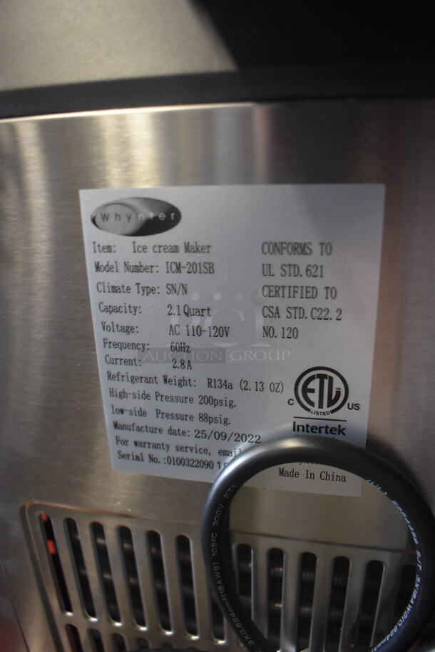 BRAND NEW SCRATCH AND DENT! Whynter ICM-201SB Commercial Stainless Steel Countertop Ice Cream Maker. 110-120 Volts. Tested and Working! - Image 4 of 5