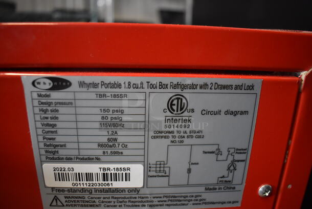 BRAND NEW SCRATCH AND DENT! Whynter TBR-185SR Portable Refrigerated Tool Box With 2 Drawers and Lock. 115 Volt 1 Phase. Tested and Working! - Image 5 of 6