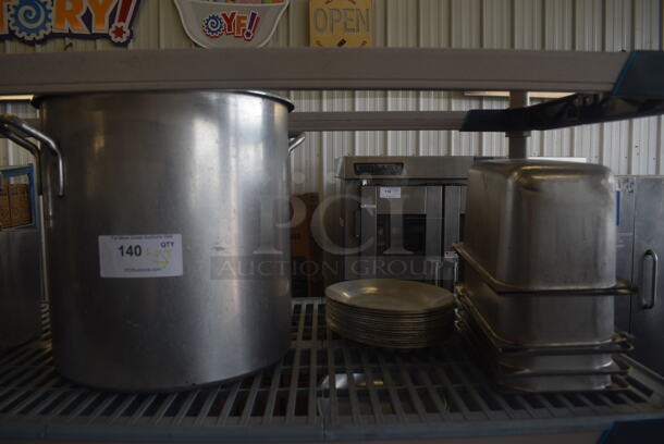 ALL ONE MONEY! Stock Pot, Stainless Drop In Bins and Stack of Stainless Plates - Image 1 of 3