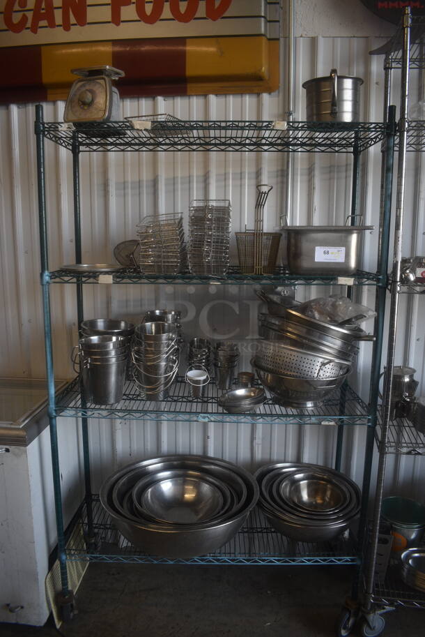 ALL ONE MONEY! ENTIRE SHELF LOT Including Fry Baskets, Fry Basket Server, Fry Basin, Scale, Stainless Buckets, Stainless Bowls, Stainless Steel Colanders. Does Not Include Shelf. - Image 1 of 6