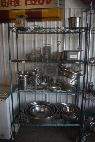 ALL ONE MONEY! ENTIRE SHELF LOT Including Fry Baskets, Fry Basket Server, Fry Basin, Scale, Stainless Buckets, Stainless Bowls, Stainless Steel Colanders. Does Not Include Shelf.