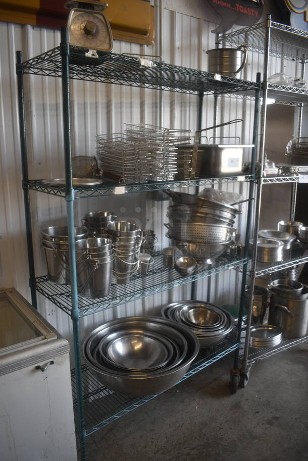 ALL ONE MONEY! ENTIRE SHELF LOT Including Fry Baskets, Fry Basket Server, Fry Basin, Scale, Stainless Buckets, Stainless Bowls, Stainless Steel Colanders. Does Not Include Shelf. - Image 2 of 6
