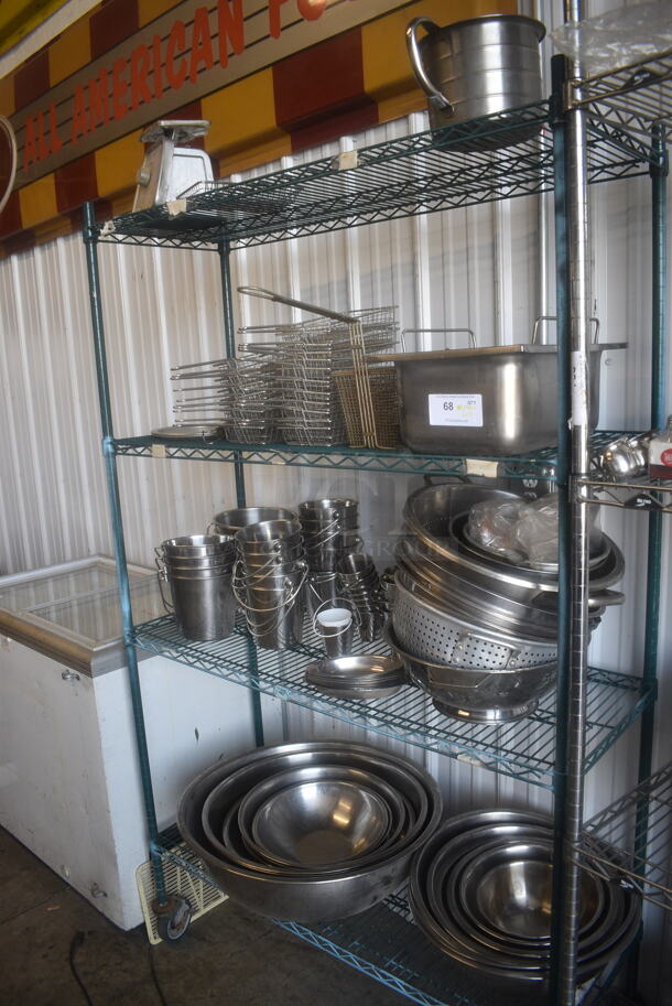 ALL ONE MONEY! ENTIRE SHELF LOT Including Fry Baskets, Fry Basket Server, Fry Basin, Scale, Stainless Buckets, Stainless Bowls, Stainless Steel Colanders. Does Not Include Shelf. - Image 3 of 6