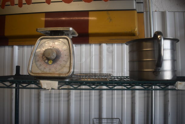 ALL ONE MONEY! ENTIRE SHELF LOT Including Fry Baskets, Fry Basket Server, Fry Basin, Scale, Stainless Buckets, Stainless Bowls, Stainless Steel Colanders. Does Not Include Shelf. - Image 4 of 6