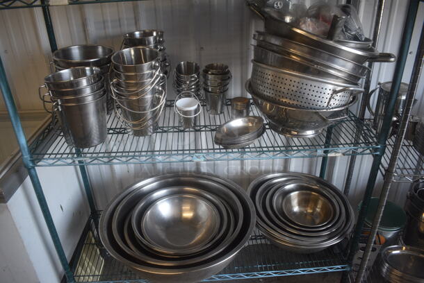 ALL ONE MONEY! ENTIRE SHELF LOT Including Fry Baskets, Fry Basket Server, Fry Basin, Scale, Stainless Buckets, Stainless Bowls, Stainless Steel Colanders. Does Not Include Shelf. - Image 6 of 6