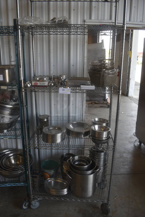 ALL ONE MONEY! ENTIRE SHELF LOT Including Fry Baskets, Stainless Steel Bowls, Stainless Steel Buckets, Stock Pots, Pans and More! Does Not Include Shelf.