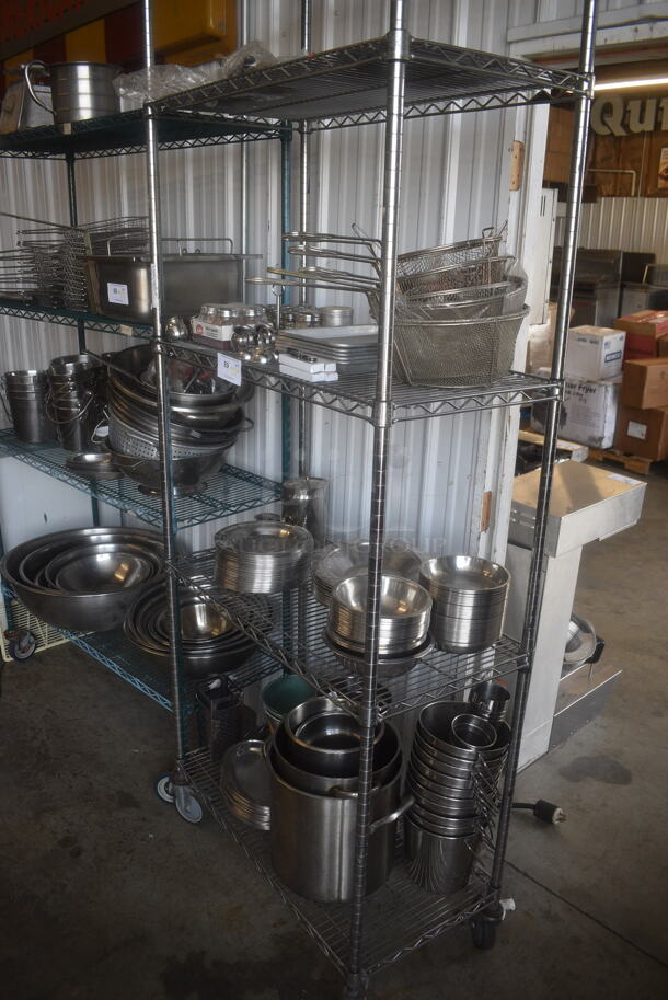 ALL ONE MONEY! ENTIRE SHELF LOT Including Fry Baskets, Stainless Steel Bowls, Stainless Steel Buckets, Stock Pots, Pans and More! Does Not Include Shelf. - Image 3 of 7