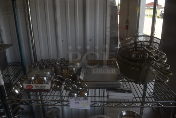 ALL ONE MONEY! ENTIRE SHELF LOT Including Fry Baskets, Stainless Steel Bowls, Stainless Steel Buckets, Stock Pots, Pans and More! Does Not Include Shelf. - Image 5 of 7