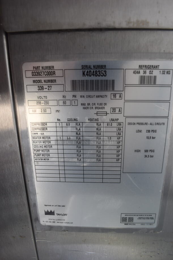 Taylor 2 Flavor Air Cooled Ice Cream Yogurt Machine 339-27. See Pics for Damage. 208-230 Volts 1 Phase - Image 7 of 8