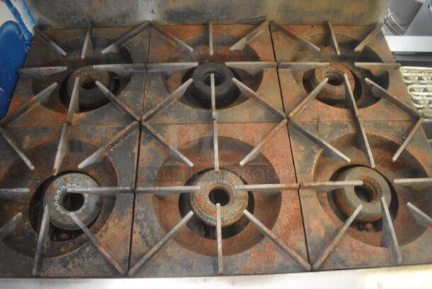 Wolf W36 6 Burner Natural Gas Powered Range w/ Oven and Stainless Steel Salamander Shelf - Image 5 of 7