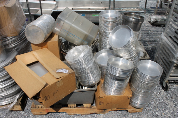 ALL ONE MONEY! PALLET LOT of Circular Stainless Steel dough Bins, Utensils, Bus Tubs, Ingredient Bins and MORE!