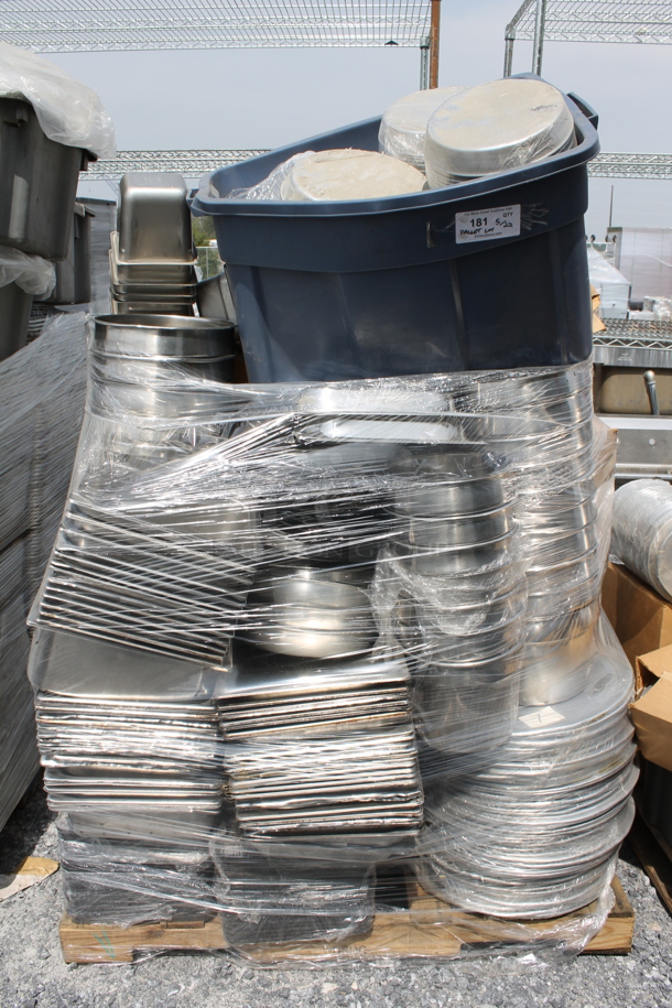 ALL ONE MONEY! PALLET LOT of Circular Stainless Steel Dough Bins, Stainless Steel Drop In Bins, Circular Pans and MORE!