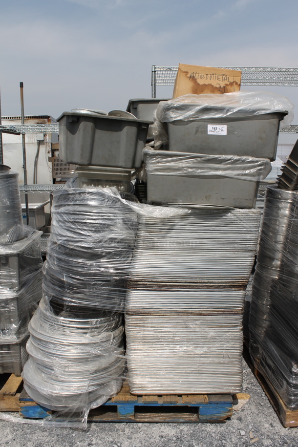 ALL ONE MONEY! PALLET LOT of Circular Stainless Steel Dough Bins, Circular Pans, Full Size Sheet Pans and MORE!