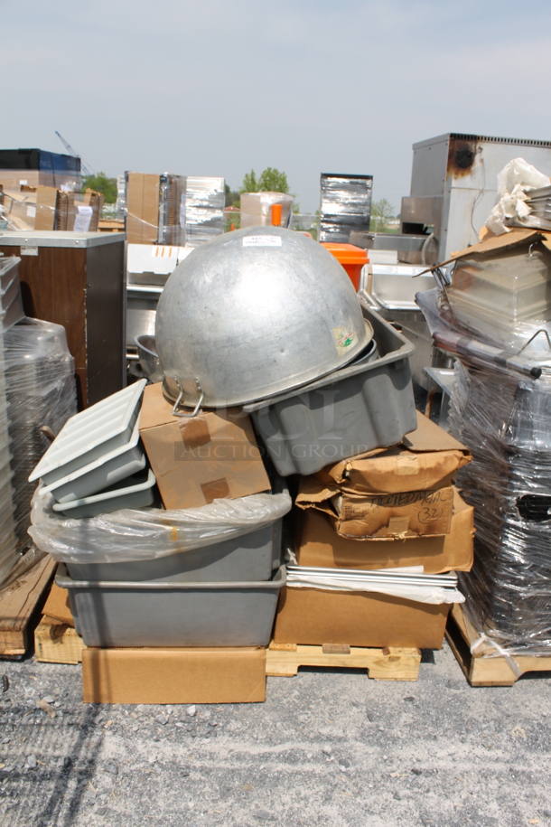 ALL ONE MONEY! PALLET LOT of Pots, Utensil Trays, Dough Bins, Salad Spinner, Stainless Drop in Bins NEW and Used and MORE!
