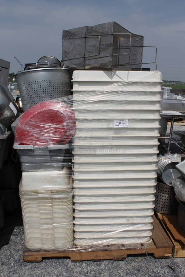 ALL ONE MONEY! PALLET LOT of Rectangular Dough Bins, Bud Tubs, Pots, Pans, Stainless Drop In Bins, Fry Baskets and MORE!