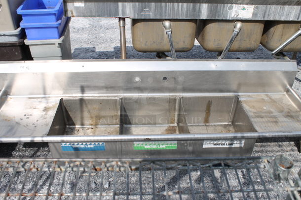 Stainless Steel 3 Bay Sink w/ Drainboards. 16.5x20 Drainboards, Bays are 17.5x18. No Legs