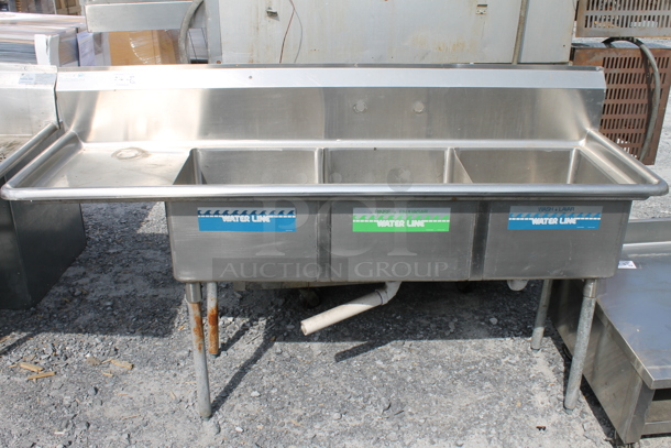 Stainless Steel 3 Bay Sink w/ Left Side Drainboard on Legs. 16x20 Drainboard and 18x18 Bays