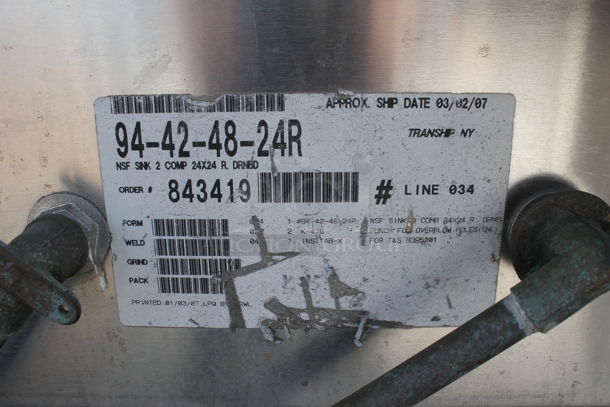 Advance Tabco Stainless Steel 2 Bay Sink w/ Right Side Drainboard on Legs. 22.5x27 Drainboard and 22.5x23 Bays - Image 7 of 7