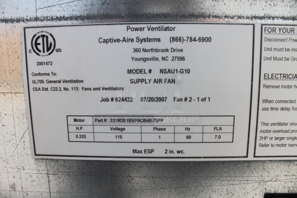 Captive Aire NSAU1-G10 Hood Supply Air Fan. 1/3 HP 115 Volt 1 Phase - Image 2 of 6