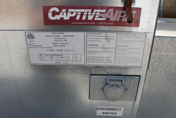Captive Aire NSAU1-G10 Hood Supply Air Fan. 1/3 HP 115 Volt 1 Phase - Image 3 of 6
