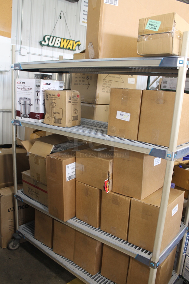 ALL ONE MONEY! Metro Shelf Lot of NEW Product Including Several Cases of Seeds, Soup Warmer, DCBT24-42, Case of Agway Extra Small Gloves, Stainless Steel Rakes, Hose Handles and MORE! Metro Shelf Not Included - Image 1 of 9