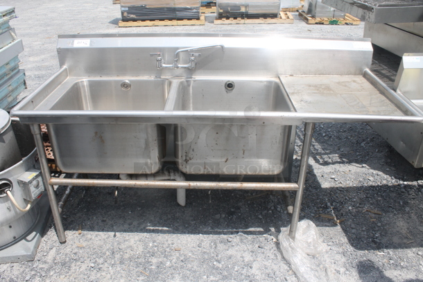 Advance Tabco Stainless Steel 2 Bay Sink w/ Right Side Drainboard on Legs. 22.5x27 Drainboard and 22.5x23 Bays