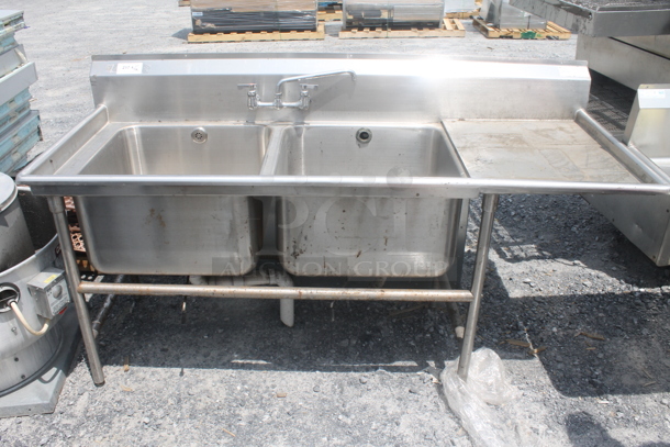 Advance Tabco Stainless Steel 2 Bay Sink w/ Right Side Drainboard on Legs. 22.5x27 Drainboard and 22.5x23 Bays - Image 1 of 7