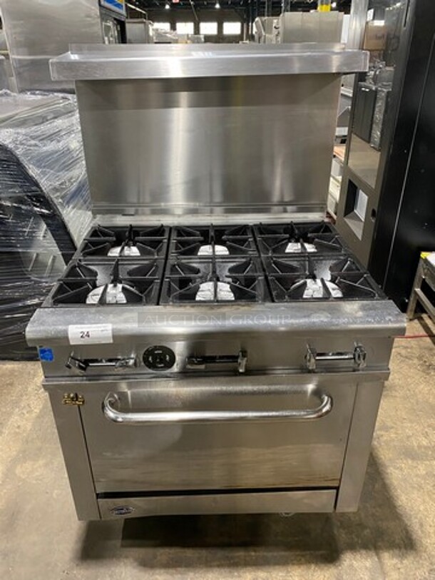 Zanduco Commercial Natural Gas Powered 6 Burner Stove! With Raised Back Splash And Salamander Shelf! With Oven Underneath! All Stainless Steel! On Casters!