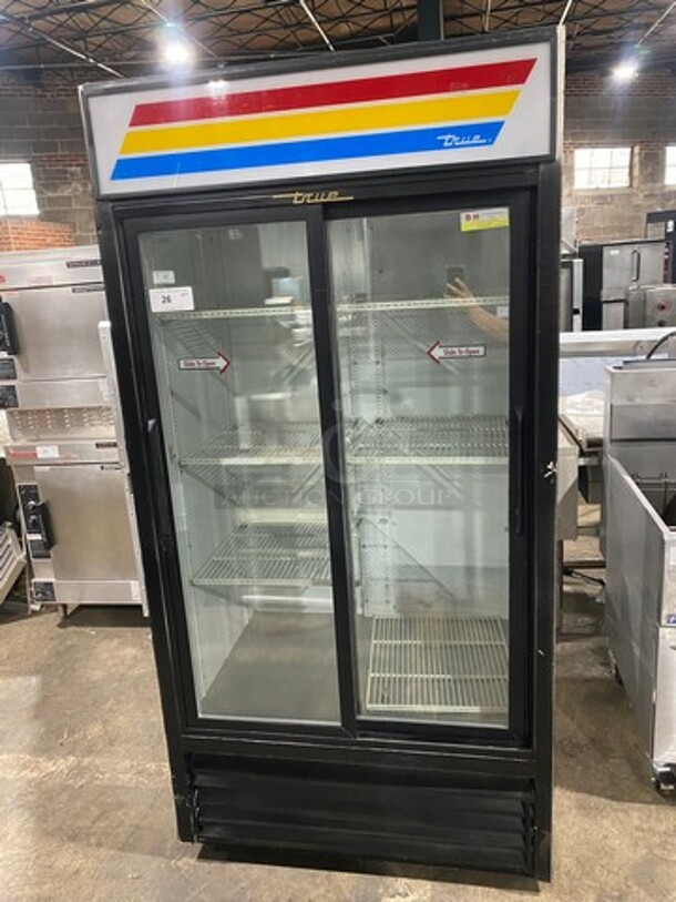 True Commercial 2 Sliding Door Reach In Refrigerator Merchandiser! With View Through Doors! With Poly Coated Racks! Model: GDM33 SN: 12312653 115V 60HZ 1 Phase
