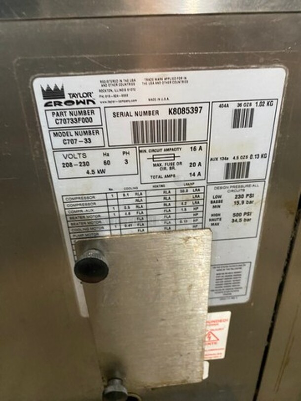 Taylor Crown Commercial Single Flavor Ice Cream Machine! All Stainless Steel! Model: C70733 SN: K8085397 208/230V 60HZ 3 Phase - Image 5 of 10