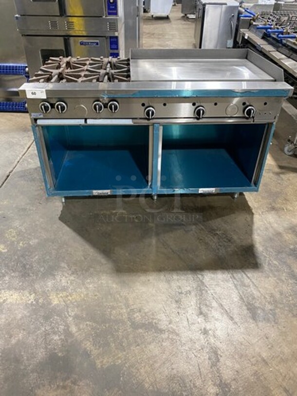 WOW! NEW NEVER USED! Garland Commercial Natural Gas Powered 4 Burner Stove With Right Side Flat Griddle! Griddle Has Back And Side Splashes! With 2 Compartment Storage Space Underneath! All Stainless Steel! On Casters! Model: G604G36SS SN: 1712100102342