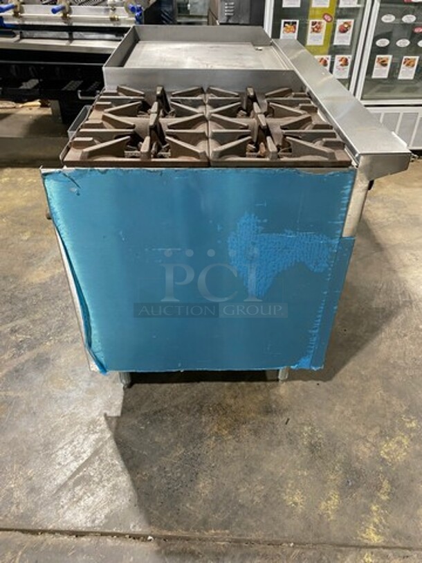 WOW! NEW NEVER USED! Garland Commercial Natural Gas Powered 4 Burner Stove With Right Side Flat Griddle! Griddle Has Back And Side Splashes! With 2 Compartment Storage Space Underneath! All Stainless Steel! On Casters! Model: G604G36SS SN: 1712100102342 - Image 2 of 11