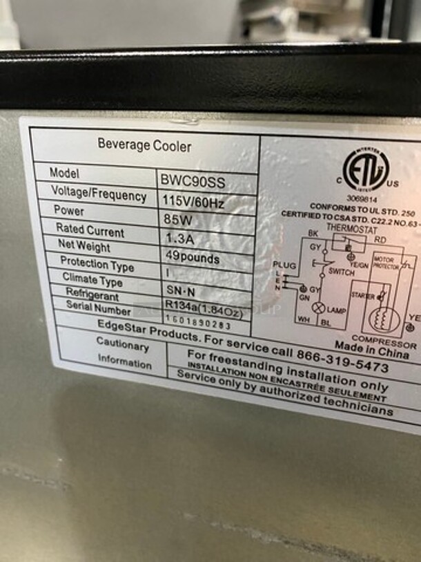 Edge Star Commercial Countertop/Under The Counter Single Door Reach In Beverage Cooler Merchandiser! Stainless Steel Body! Model: BWC90SS SN: 1601890283 115V - Image 5 of 7