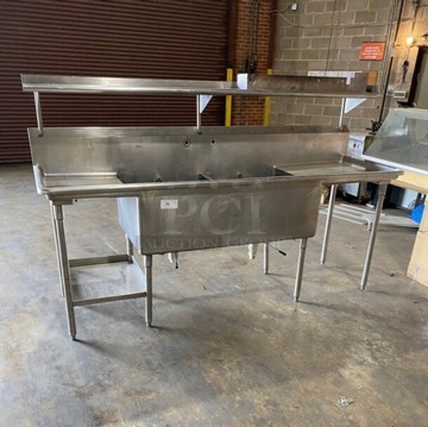 Commercial 2 Compartment Dish Washing Sink! With Overhead Shelf! With Dual Side Drain Board! With Back Splash! All Stainless Steel! On Legs!