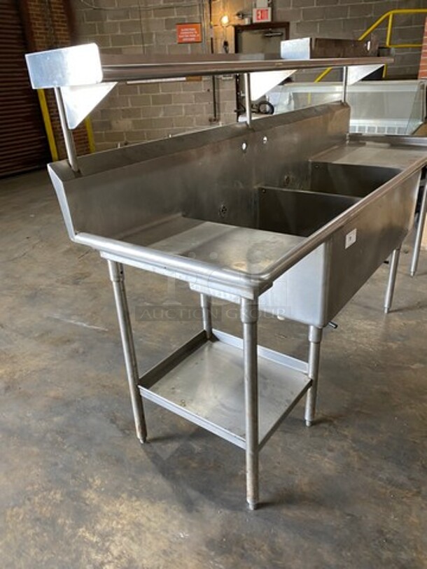 Commercial 2 Compartment Dish Washing Sink! With Overhead Shelf! With Dual Side Drain Board! With Back Splash! All Stainless Steel! On Legs! - Image 2 of 9