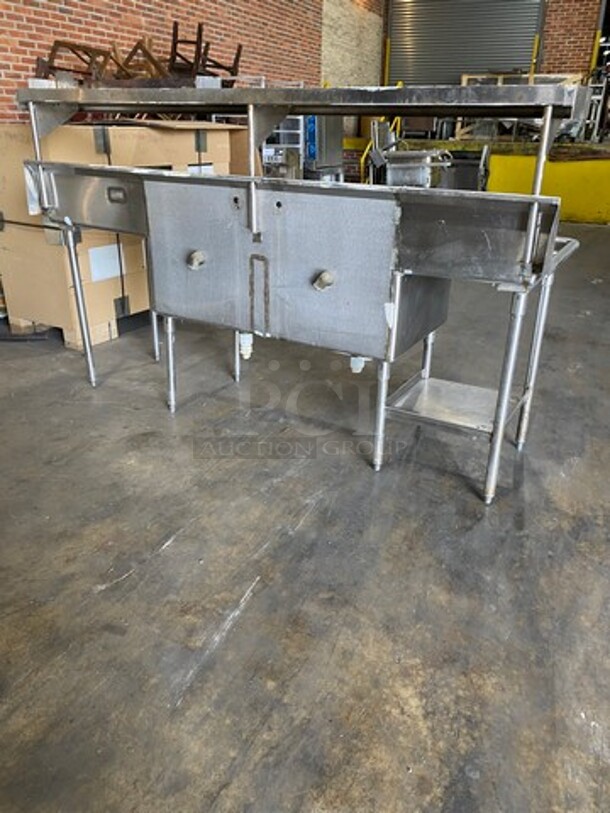 Commercial 2 Compartment Dish Washing Sink! With Overhead Shelf! With Dual Side Drain Board! With Back Splash! All Stainless Steel! On Legs! - Image 3 of 9