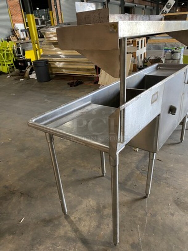 Commercial 2 Compartment Dish Washing Sink! With Overhead Shelf! With Dual Side Drain Board! With Back Splash! All Stainless Steel! On Legs! - Image 4 of 9