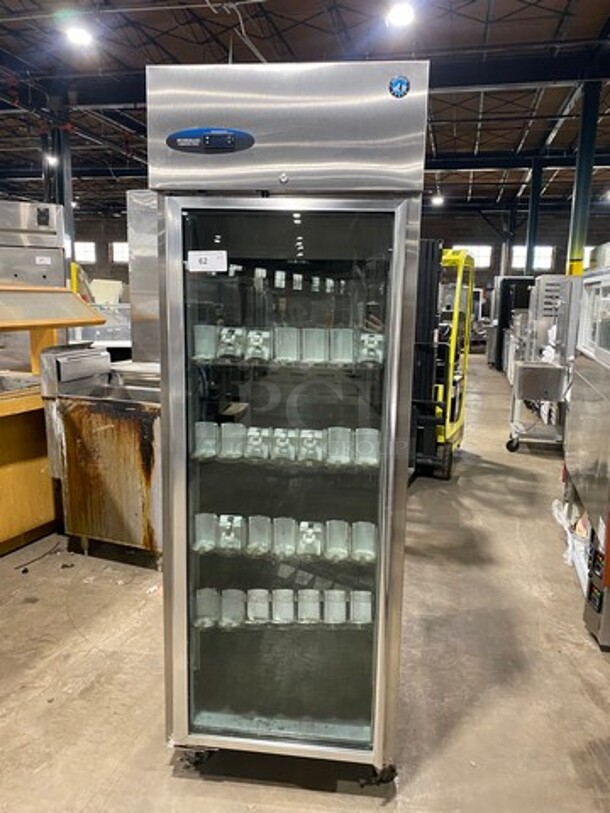 Hoshizaki Commercial Single Door Reach In Cooler! With View Through Door! Poly Drink Racks! Stainless Steel Body! On Casters! Model: CR1SFGECL SN: H50277E 115V 60HZ 1 Phase