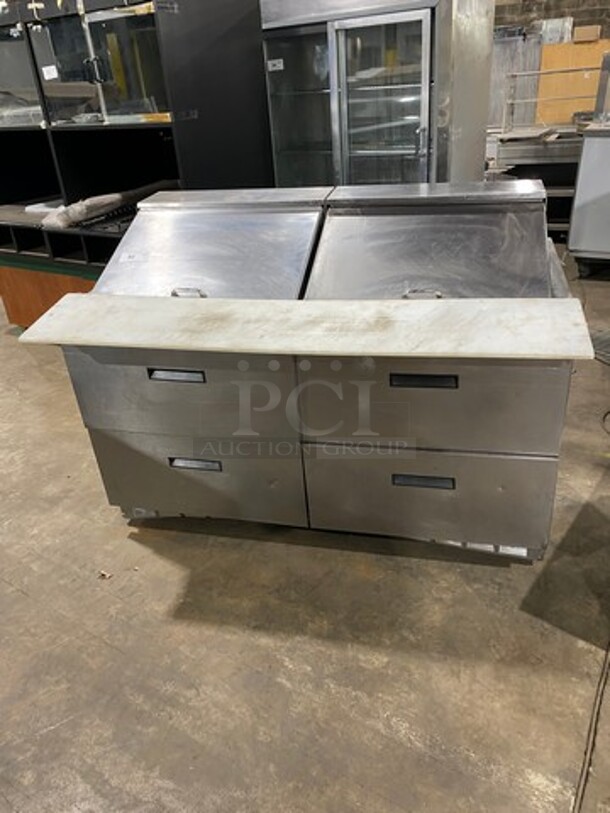 Delfield Manitowoc Commercial Refrigerated Sandwich Prep Table! With Commercial Cutting Board! With 4 Drawer Storage Space Underneath! All Stainless Steel! Model: D4460N24MSB SN: 1410152000651 115V 60HZ 1 Phase